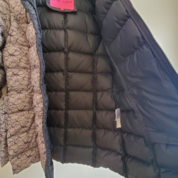 Betsey Johnson brown floral lace print down winter coat with detachable hood, M - Picture 6 of 15